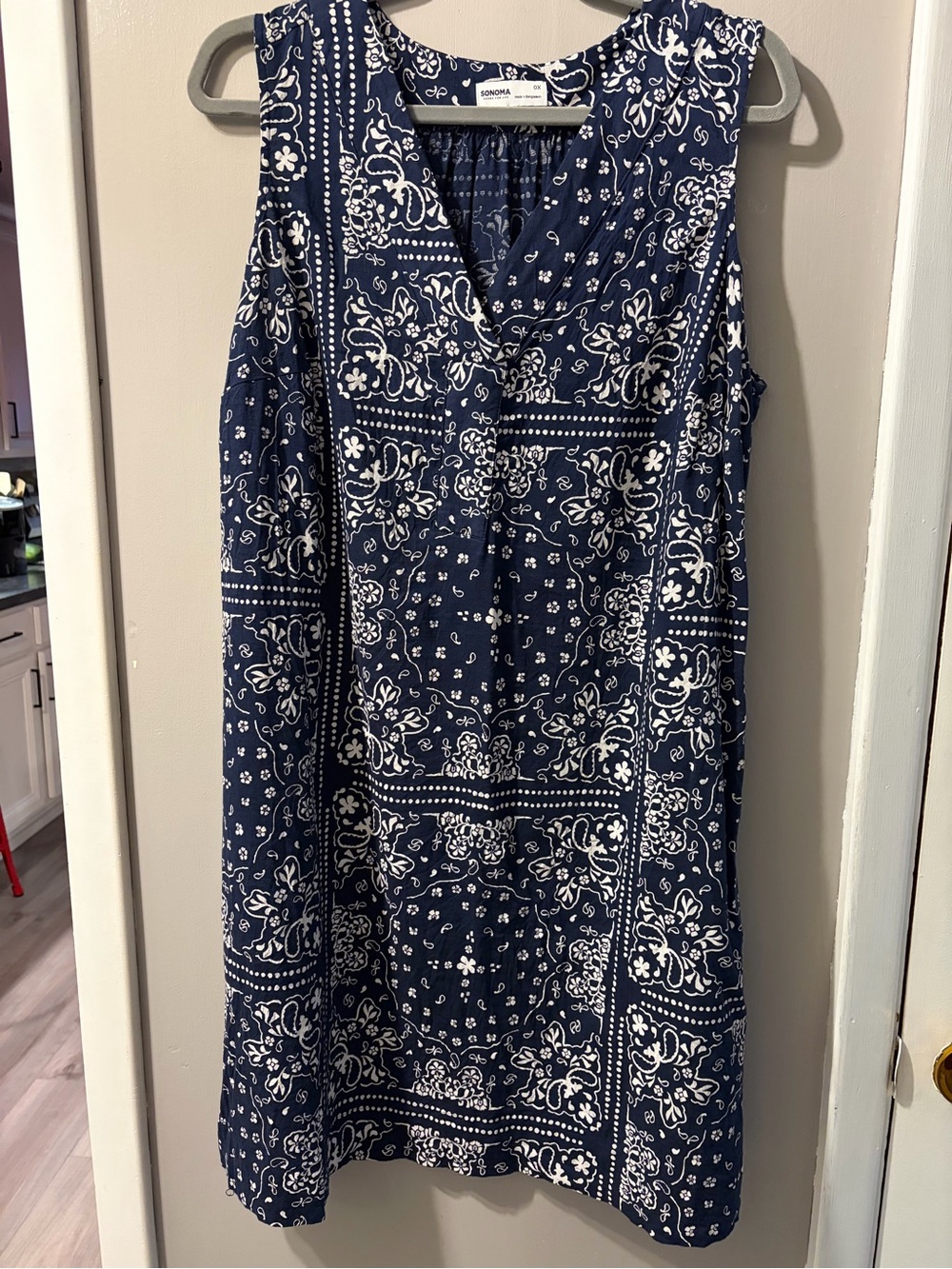 SONOMA Navy and White Bandana-Print Sleeveless Dress